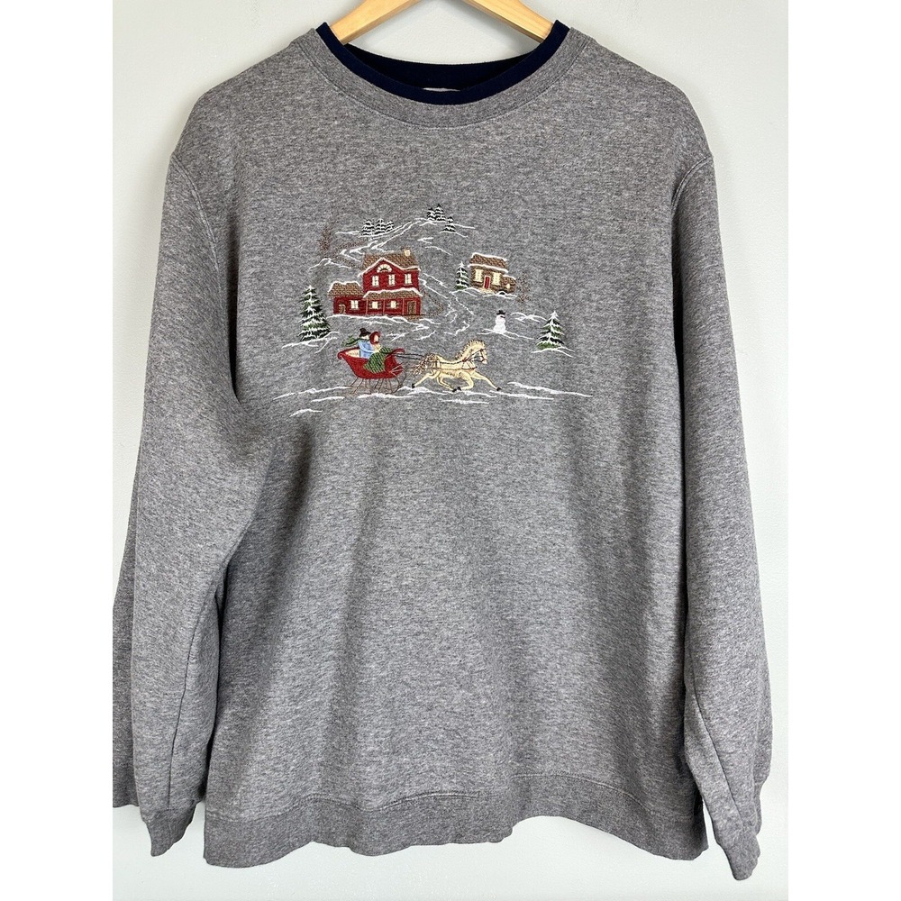 Southern Lady Embroidered Christmas Winter Horse Sleigh Scene Sweatshirt 1X Cozy